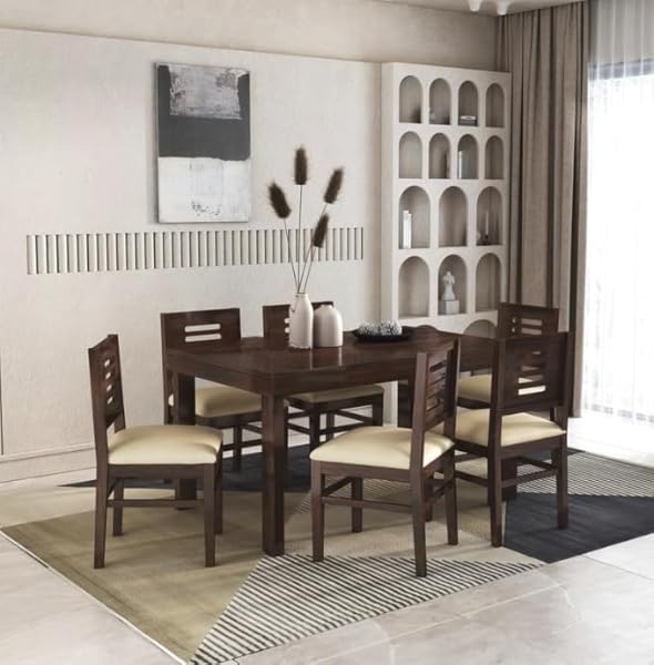 Image of Solid Sheesham Wood Dining Set with Dining Table & Cushioned Chairs | Elegant | Comfortable | Durable & Stylish for Dining Room | Living Room | Home & Office | Hotels Restaurant (brown 29)