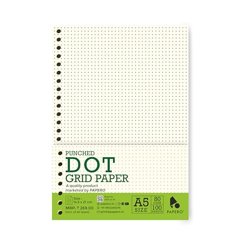 Image of PaperO A5 Punched Loose Leaf Dot Grid Sheet /Paper | 80 GSM | 100 Sheets | (21 x 14.5 cm) | Ideal for Artists & Designers | Suitable for Spiral Binding