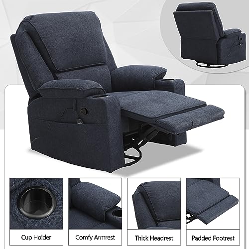 Kigoty Fabric Rocking Recliner Chair, 360 Degree Swivel Massage Sofa Chair With Heating, 2 Cup Holders & Side Pockets For Living Room Home Theater, Navy Blue #TOP6