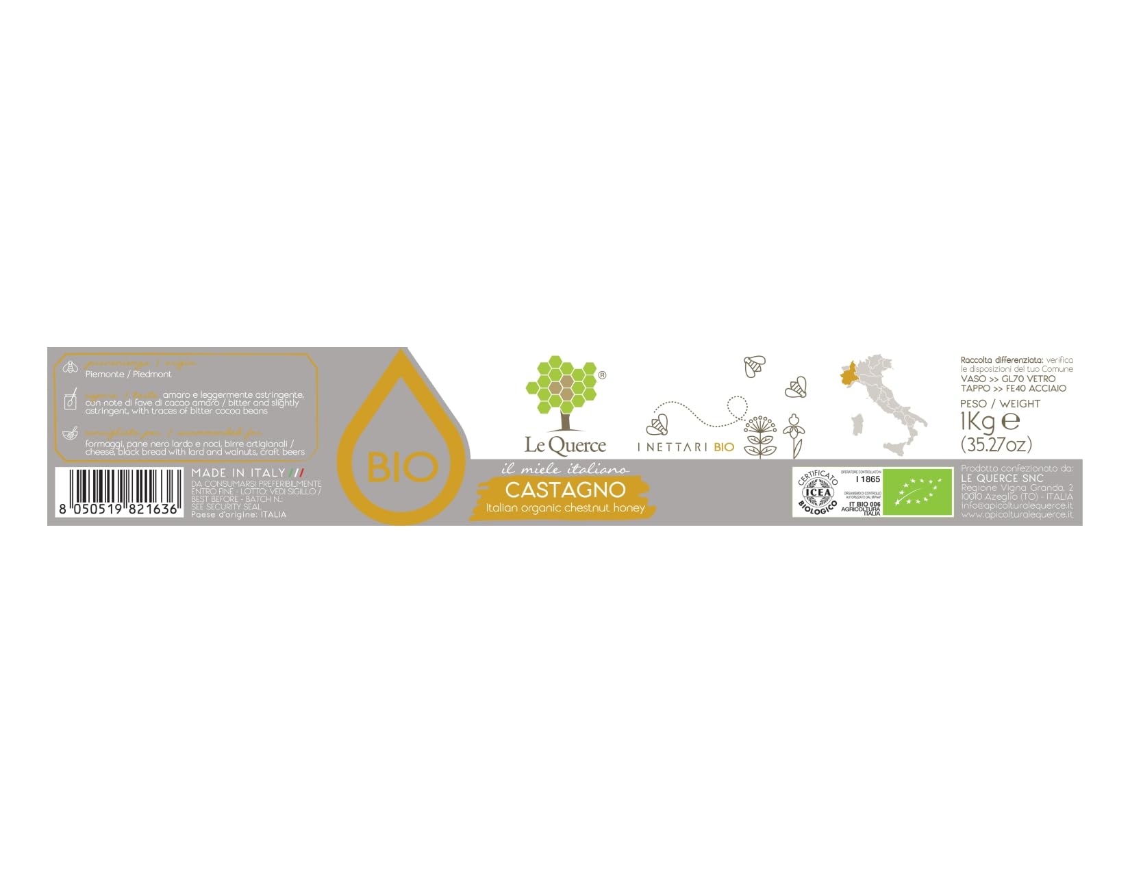 Le Querce Miele di Castagno Biologico Italiano 1kg – 100% Naturale, Non Pastorizzato, Artigianale – Gusto Intenso e Amarognolo