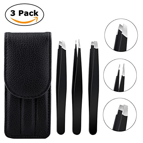 Eyebrow Tweezers Set 3PCS included Slant, Flat and Pointed Tweezers SYU Professinal Stainless Steel Tweezers Kit with Leather Case for Eyebrows Ingrowth Hair and Facial Hair Removal for Women and Men