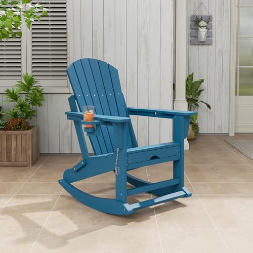 Adirondack Outdoor Rocking Chairs with Two Cup Holders, HDPE All Weather Outdoor Adirondacks Rocking Chair with Retractable Ottoman by PeakPursuit - Image 8