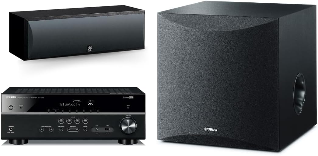 RX-V385 5.1-Channel 4K Ultra HD AV Receiver with NS-SW050BL 8" 100W Powered Subwoofer, Black and NS-C210BL Center Channel Speaker, Black