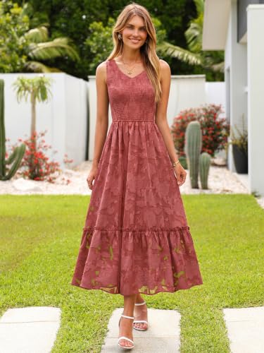 Image of Simplee Womens Semi Formal Dresses for Wedding Guest Floral Lace Midi Dress | Floral lace, Modest, Midi length, Sleeveless, V neck, Smocked empired waist, Semi formal wedding guest dress, Baptism dress