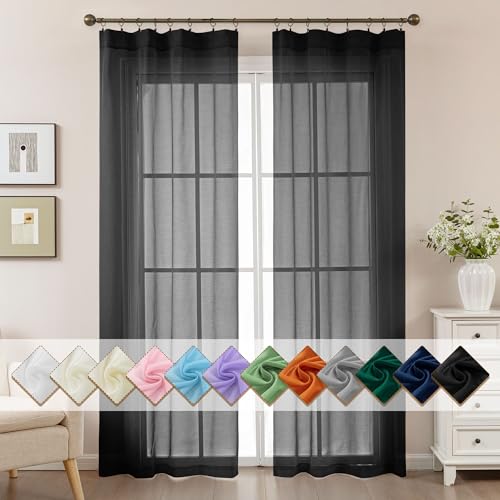 Image of Black Sheer Curtains 84 Inches Long, Privacy Semi Sheer Curtains for Living Room Bedroom, Light Filtering Rod Pocket Voile Window Drapes 2 Panels Set, Each 42 inch W x 84 inch L