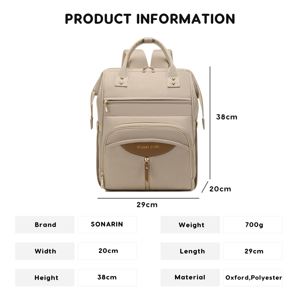 SONARIN Portable Multifonctionnel Sac à Dos à Langer Bébé,Grande Capacité Sac à Langer avec Poches à Biberons Isolées,Sacs de Maternité Sacs à Couches avec Crochets de Poussette