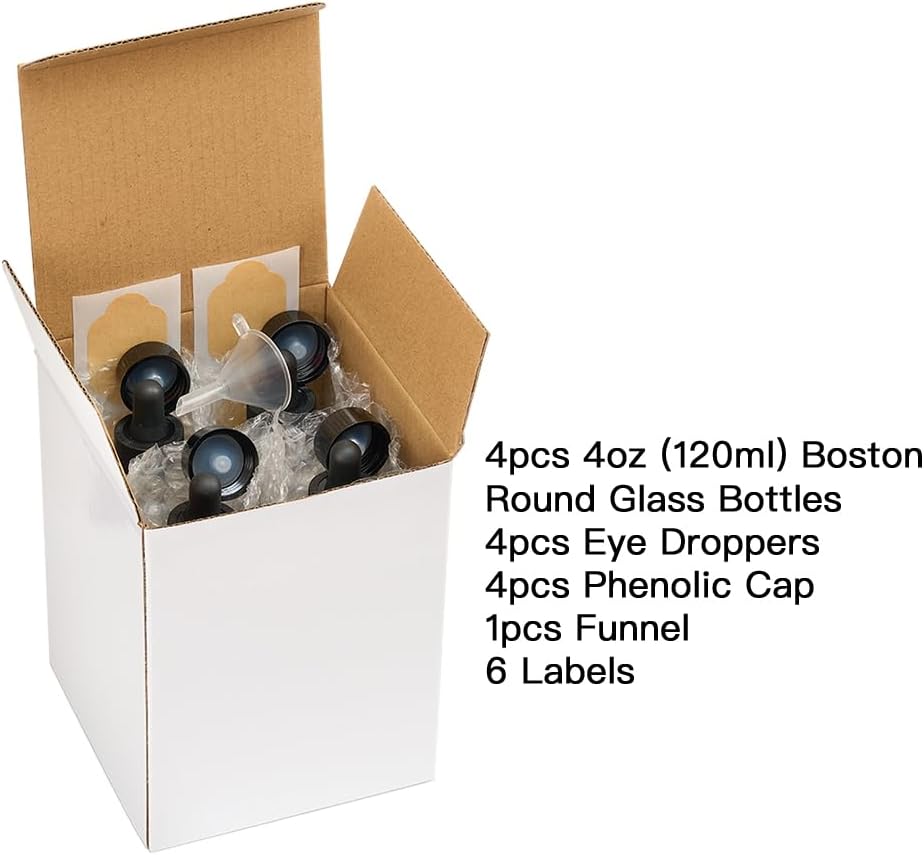 4PK 4oz(120ml) Amber Glass Bottles with Droppers and Phenolic Lids. 120ml Dropper Bottle with Corrosion Resistant Nitrile Rubber and Not Faded Markings. 4oz Bottles with Lids for Juice, Hot Sauces. thumbnail