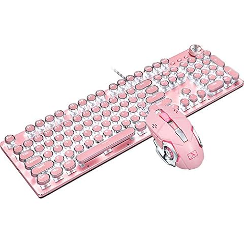 Basaltech Mechanical Gaming Keyboard and Mouse Combo, Retro Steampunk Vintage Typewriter-Style Keyboard with LED Backlit, 104-Key Anti-Ghosting Blue Switch Wired USB Metal Panel Round Keycaps, Pink Cover