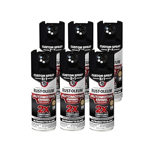Image of Rust-Oleum 2X Automotive Enamel 5-in-1 Spray Paint, Ultra Matte Black | Fast Dry, Adjustable Custom Spray Dial, Multi Surface (Metal, Wood, Plastic and More), Any Angle, Ultimate Coverage, 6 Pack