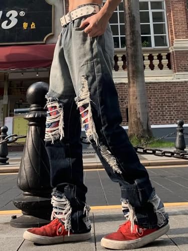 Men's Vintage Y2K Baggy Jeans Relaxed Straight Fit Embroidered Knee & Wave Patch Design Streetwear Rugged Casual Denim Pants3