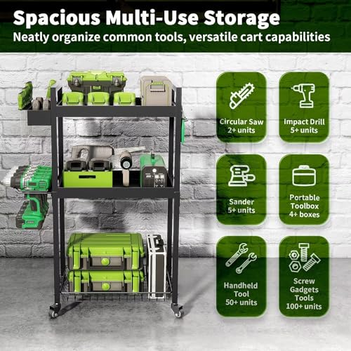 MOUKABAL Garage Storage Organization-Power Tool Organizer-Ryobi-Tool Chest-Dewalt Tools& Multipurpose 3-Tier Tool Organizer for men with Drill Holder, Rolling Storage Cart on Wheels - Thumbnail 5