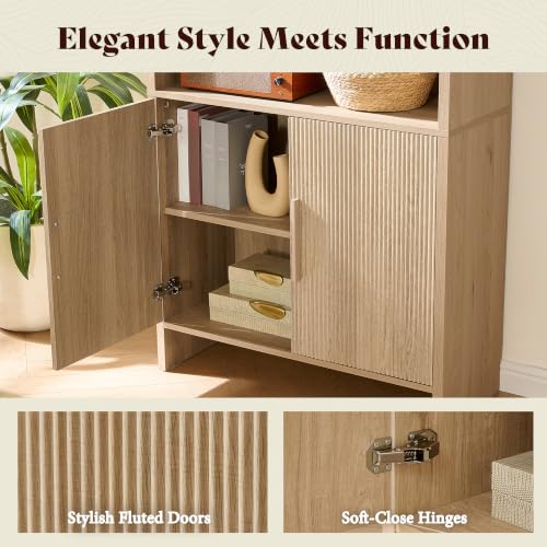 Image of AMERLIFE 71 inch Modern Bookcase Set of 2 with Storage Cabinet, 6-Tier Bookshelf with 3 Adjustable Shelves & Fluted Doors, Wood Curved Display Cabinet for Living Room, Dining Room, Home Office, Natural