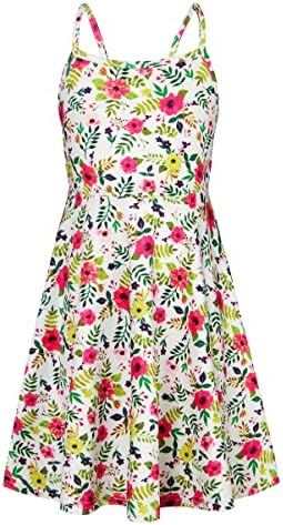RAISEVERN Girls Sundress Cami Dress Summer Dresses Flower A-Line Sling Spaghetti Strap Casual Twirly Swing Children Red Yellow Outfits Vacation Party Size 8-9 Years Old
