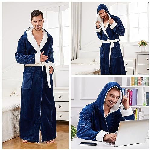 Image of FashGudim Mens Robes Big and Tall with Hood Two-Tone Flannel Fleece Contrast Bathrobe Full Length Plush Long Robe House Coat