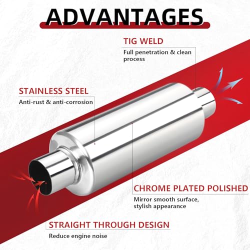 Image of LCGP 2 inch Inlet Universal Resonator Muffler, 2 inch Outlet 13.77 inch Overall Length Stainless Steel High Performance Muffler, Polished, Pass-Thru Design 2pack