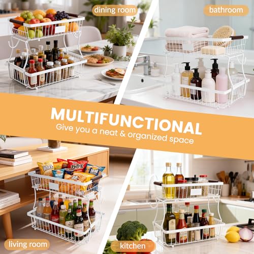 2-Tier Stackable Wire Basket with 2 Banana Hooks, Pantry Organizer for Kitchen Countertops, Cabinets & Under-Sink Spaces; Ideal for Storing Snacks, Fruits, Veggies, Onions, Potatoes, & More,White - Image 3