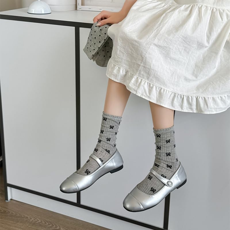 2 Pairs Women's Retro Ruffled Edge Bowknot Mid-Calf Socks, Gray With Black Polka Bows, Breathable Lace Detail, For Casual Or Dressy Outfits3