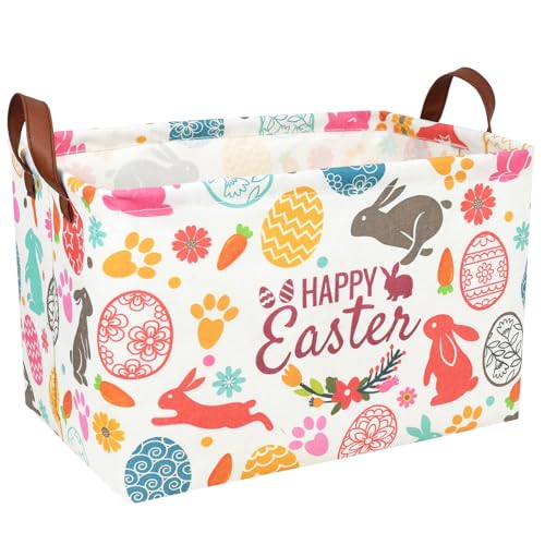 Image of Easter Basket for Kid Large Empty Rectangular Cute Easter Gift Storage Basket Bunny Eggs Decor (Rabbit Bohemia)