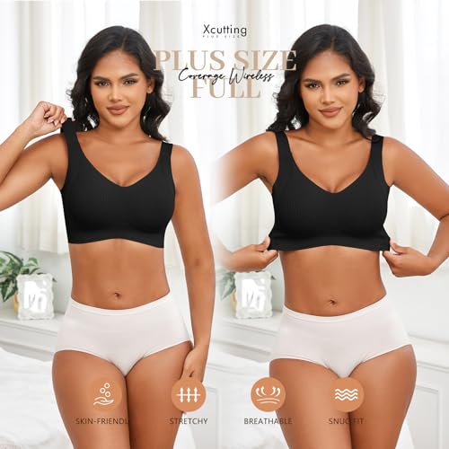 Image of Xcutting Plus Size Bras for Women No Underwire Full Coverage Everyday Bras | wireless,support lift,sagging breast bras for older women large breast,padded seamless,wide strap,sleep t shirt,comfortable