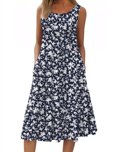 Image of HOTOUCH Summer Casual Dresses for Women Sleeveless Midi Dress Swing Tank Sundress Pleated Tshirt Dress with Pockets