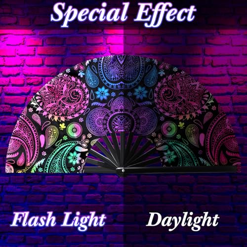 Image of FairySandy Large Rave Fan UV Glow Clack Summer Hand Fan with Thigh Holster for Women Carnival Party Supplies for Carnival Edm Music Festival Club Accessories(Paisley,Purple)