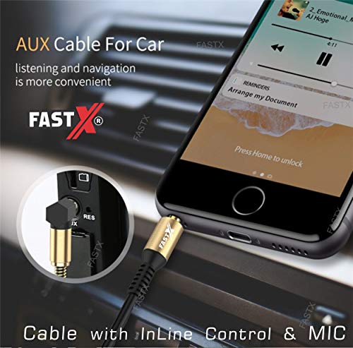 Image of FASTX Strong Black L-Shaped 3.5mm Aux Cable with mic 24K Gold Plated Male to Male Audio Cable with Inline Wire Control Button for Music and Smart Control for Answer Phone Calls.