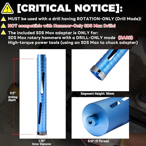 Image of 1 3 /4 inch Dry Core Drill Bit, 5 /8 inch-11 Thread, with 3 Adapters Included: SDS Plus, SDS Max and 1 /2 inch Hex Shank; 9.5 inch Drilling Depth Diamond Concrete Core Bit for Masonry Brick Block Stucco (44)