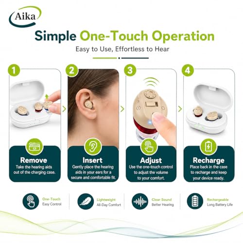 Image of Aika Rechargeable Invisible Hearing Aids for Seniors & Adults | Noise Reduction Sound Amplifier with Type-C Charging Case | One-Touch Volume Control | 1 Year Warranty