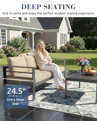 Image of AECOJOY Aluminum Patio Furniture Set, 9 Seats Modern Outdoor Furniture with Coffee Table, 7 Pieces Metal Conversation Sectional Sofa, Beige