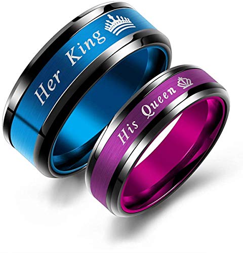 Fate Love Couples Wedding Engagement Bands His Queen & Her King Rings Matching Set Crown Stainless Steel, Love Gift, Our Love Pure as The Sea Noble Ocean Blue (Mens Ring (1pc), 9)