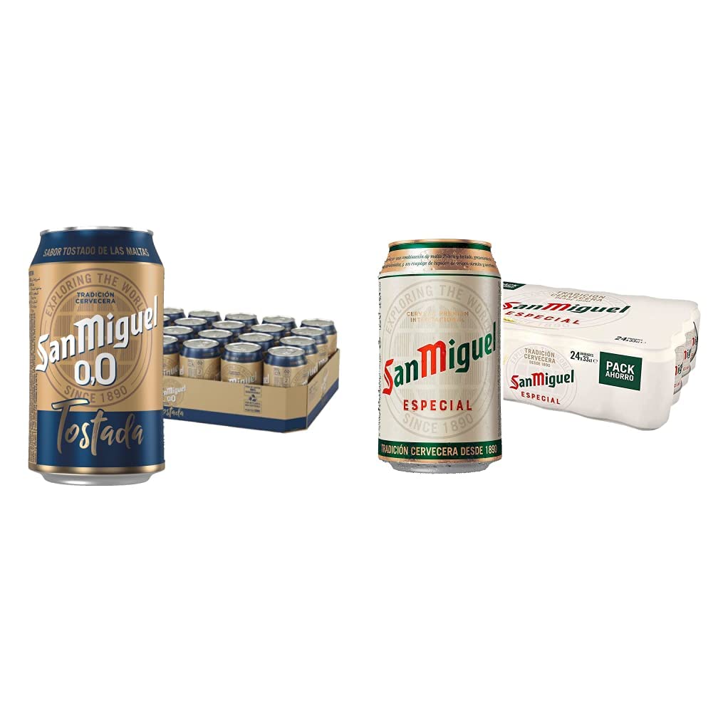 San Miguel 0,0 Tostada - Cerveza 00, Tostada, Pack de 24 x 33 cl - 0.0% Volumen de Alcohol & Especial Cerveza Premium Lager, Pack de 24 Latas x 33cl, Cerveza con 5,4% Volumen de Alcohol en oferta en Amazon