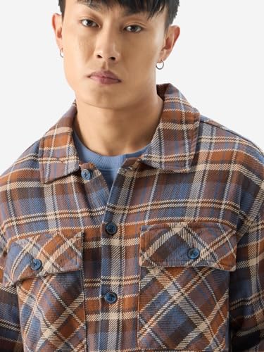 Image of The Souled Store Plaids: Orion Brown Men and Boys Button Front Long Sleeve Oversized Fit Flannel Shackets Men's Flannel Shirt Winter Plaid Thick Jackets Shackets for Men Outerwear Layering Shirts