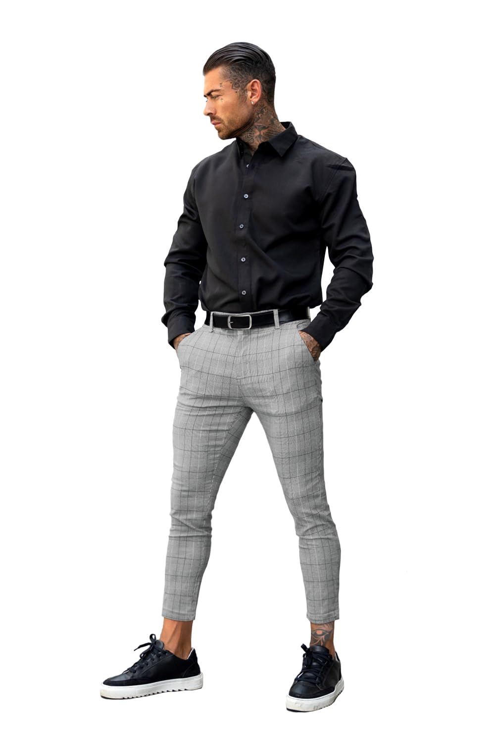 GINGTTO Hombre Pantalones Chino Skinny Cuadros Elásticos Taper Leg