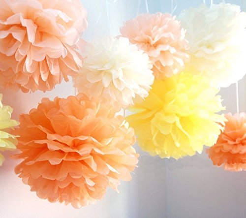 Joinwin Pack of 8PCS Mixed Sizes 4 Colors Tissue Flower Pom Poms Pompoms Wedding Party Garland Bridal Shower Birthday Home Decoration ( Peach Orange Yellow Cream)
