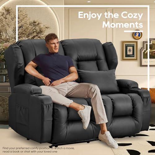 Image of IPKIG 54.2 inch RV Loveseat Recliner Sofa, Faux Leather Wall Hugger Reclining Chair with Cup Holder and Side Pockets, Home Theater Seating Manual Recliner for Living Room (Black, Loveseat)