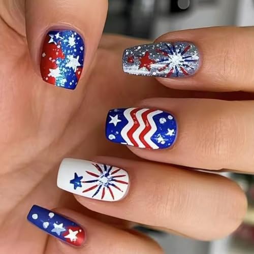 Pegamento para uñas del 4 de julio, cuadrado, corto, para el Día de la Independencia, punta francesa, pegamento acrílico artificial en las uñas