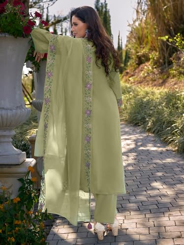 Image of INDO ERA Women's Pure Cotton Floral Embroidered Straight Kurta & Pant with Dupatta Set | Cotton Kurta Set For Woman