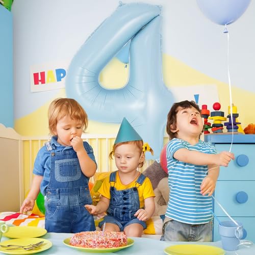 Image of Light Blue Number 4 Balloon, 40 Inch Big Large Foil Number Balloons, Giant Mylar Number 4 Balloons for 4 Year old Birthday Baby Party Decorations Supplies Anniversary