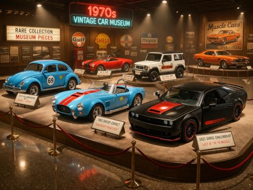 Image of 4 PCS Diecast Car Set 1:64 Scale - Dodge Challenger (Opening Doors) + Shelby Cobra + Jimny SUV + Classic Beetle | Metal Toy Cars | Mini Collectible Cars for Kids Boys & Collectors