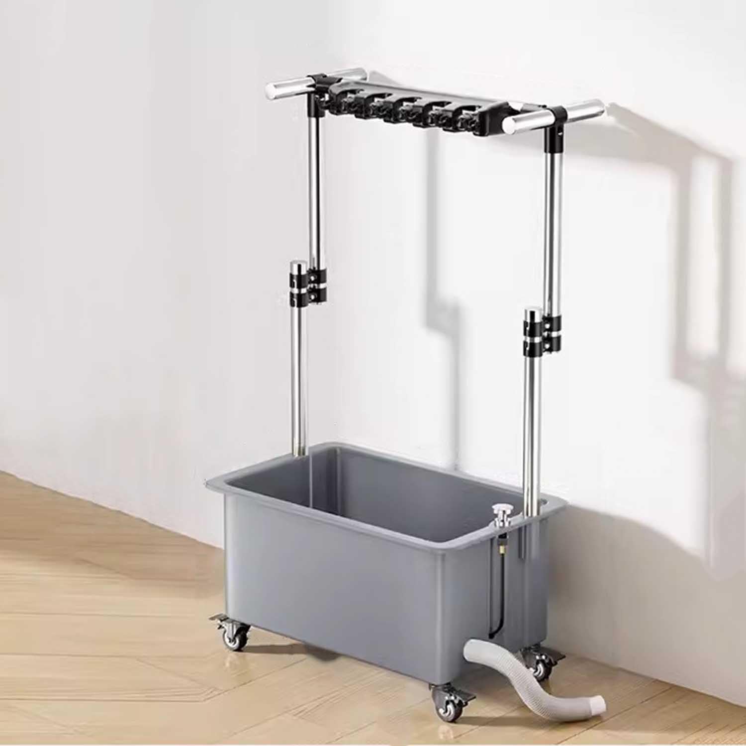 AYCDL Freestanding Mop Sink with 26cm Deep Basin, Adjustable Height 93-124cm, Movable Organizer on Wheels for Laundry, Backyard, Garage Use,Grey-without faucet