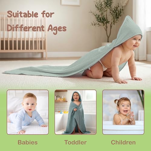 Image of 100% Organic Cotton Muslin Baby Hooded Towel, 32 x 32 in, Green & Mint Green, 2 Pack, Soft Absorbent 4-Layer Hooded Bath Towel for Newborns & Toddlers, Oeko-TEX