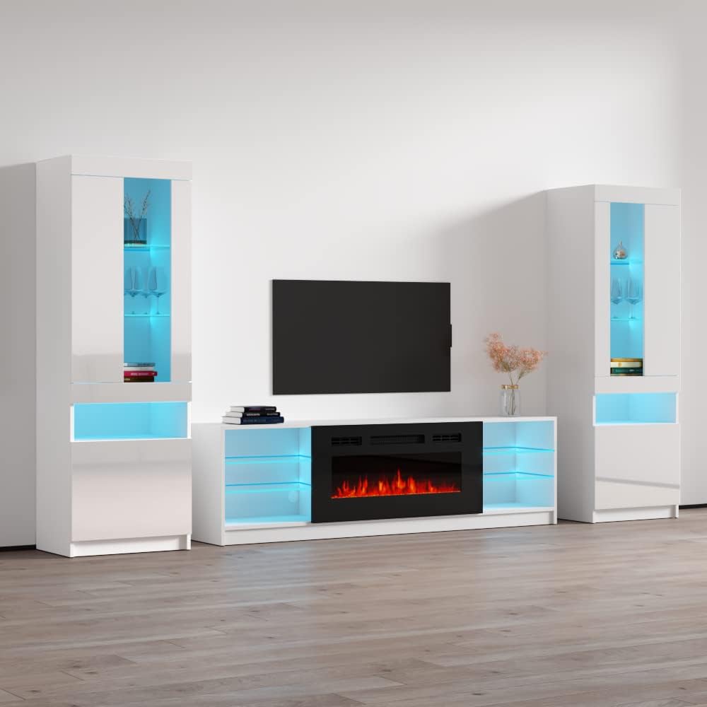 Meble Furniture Boston 01 Electric Fireplace TV Stand — Floating Entertainment Center with LED Lights and Komi Bookcases — Engineered Wood, 70.9" W x 15.7" D x 35.4" H — White