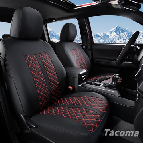 Image of Truckiipa Tacoma Truck Seat Covers Full Set Leather Waterproof Seat Covers Fit for 2005-2015 Toyota Tacoma Double Crew Cab, Full Set, Black&Red