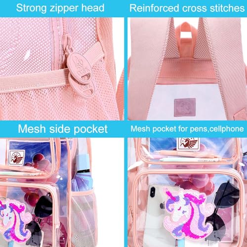 Image of AGSDON 3PCS Clear Backpack for Girls, Kids Unicorn Transparent Backpack with Heavy Duty PVC, See Through Backpacks with Lunch Bag-Pink