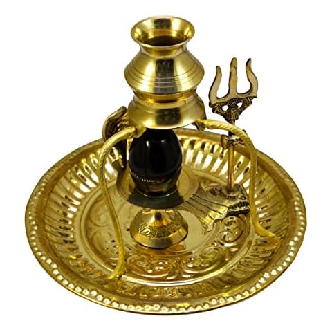 Shaligram Shiva Ling Lingam Shivling Statue Hindu Puja Brass Stand with Thali Office/Shop Spiritual Pooja Showpiece Figurine Religious Decoration Temple/Mandir Home Decor/Table Décor for Occasion Cover