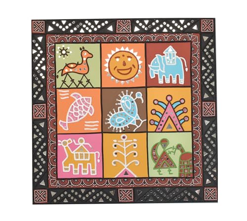 Image of Ethnics of Kutch Traditional Kutch Handicraft Mud-Mirrorwork Lippan Kam Wall Art (Water and Break Resistant) - Square (24 Inch x 24 Inch) - (Black - LKT-0002)