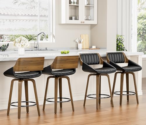 Image of YaFiti Bar Stools Set of 4, 26 inch Swivel Counter Height Barstools with Bentwood Back and Legs, Mid Century Modern Upholstered Faux Leather Counter Stools for Kitchen Island, Bar, Dining Room, Black
