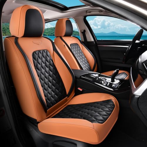 Image of Coverado Universal Car Seat Covers Full Set, Vintage-Style Soft Waterproof Faux Leather Front & Rear Seat Protectors, Comfortable Anti-Stain Interior for Most Vehicles - BrownBlack