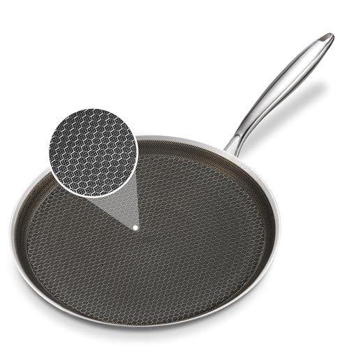 KOKHUB Stainless Steel Crepe Pan 28cm, Non Stick Honeycomb Pancake Pan, Dosa Tawa for Induction Hob, Electric and Gas, Flat Skillet Frying Pan, Chapati Pan, Roti Tawa, Black