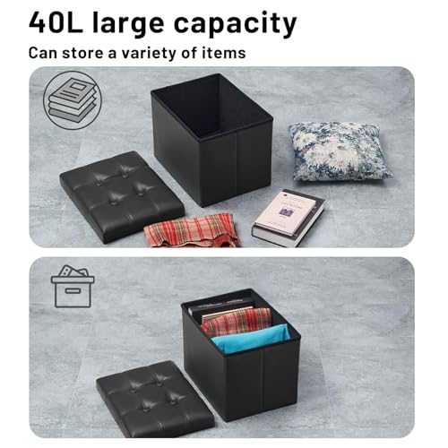 Image of Bsketa Storage Ottoman Bench,16 Inch Folding Leather Foot Rest Stool, Black | Small Ottoman with Side Pockets, Thicker Foam Padded Seat, Livingroom, Dorm, Bedroom, Easy to install, 38L,16x12x12in